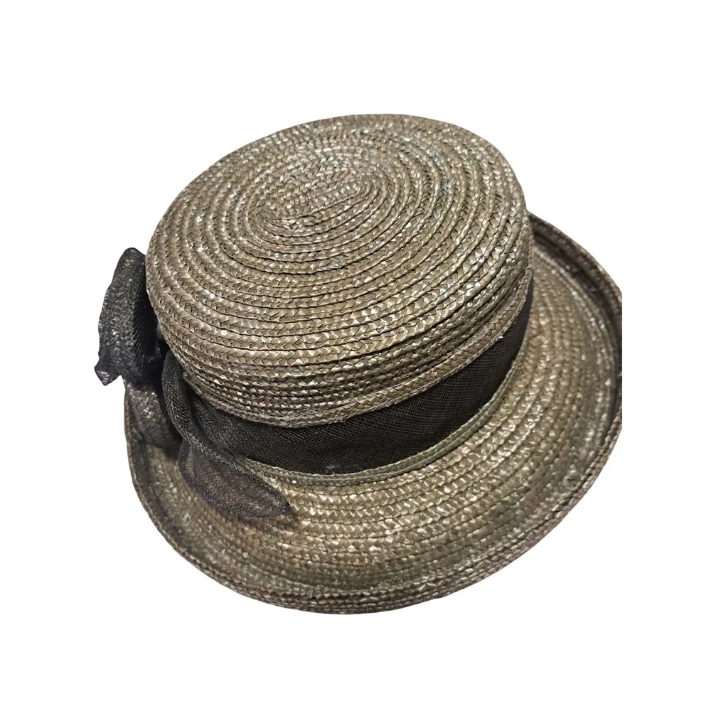Georgi Vintage Straw Boater Hat Metallic Bronze Pewter Mesh Flower Rosette